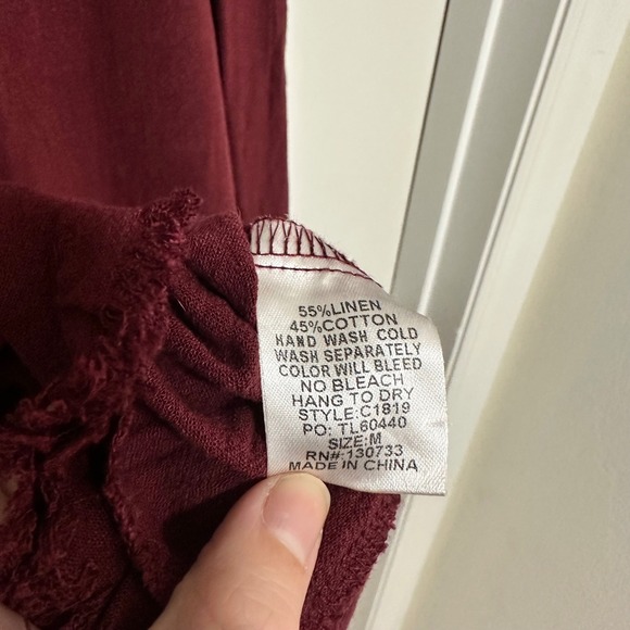 UMGEE | Burgundy Linen Blend Fringe Casual Short Sleeve Boho Tunic Top, Size M - Picture 8 of 8